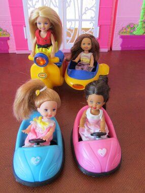 2 CHELSEA BUMPER CARS + SCOOTER w SIDECAR by TOLO, CUTE BARBIE SISTER VEHICLES